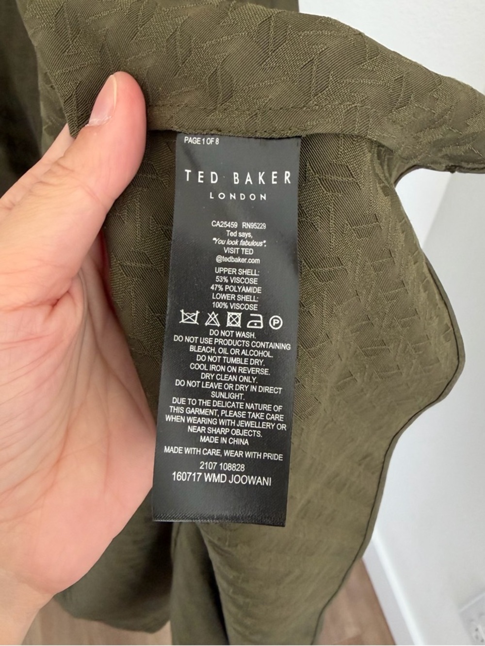 Ted Baker Joowani Olive Green Midi Dress A-Line Side Slit Size Small Women’s - Picture 9 of 10